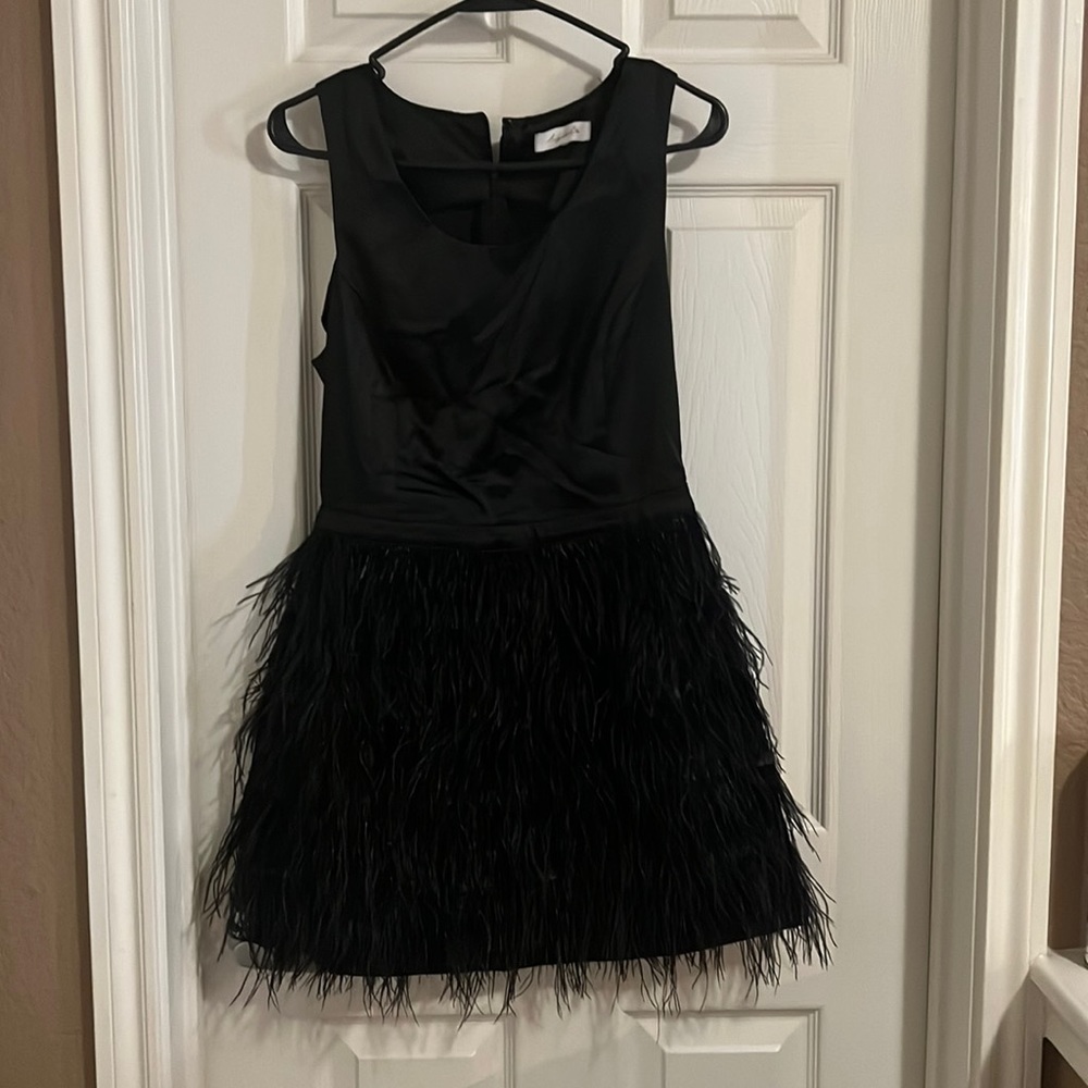 Size small black satin and feather dress …